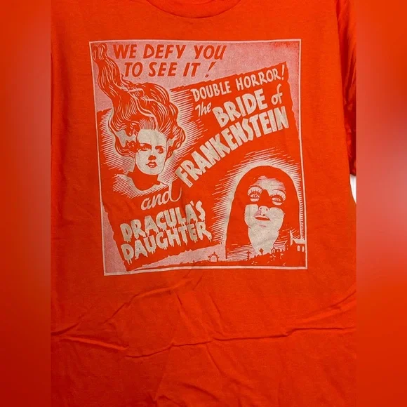 2/$20 ⭐ Men's Orange T Shirt Double Horror! The Bride of Frankestein Size S - Picture 2 of 4